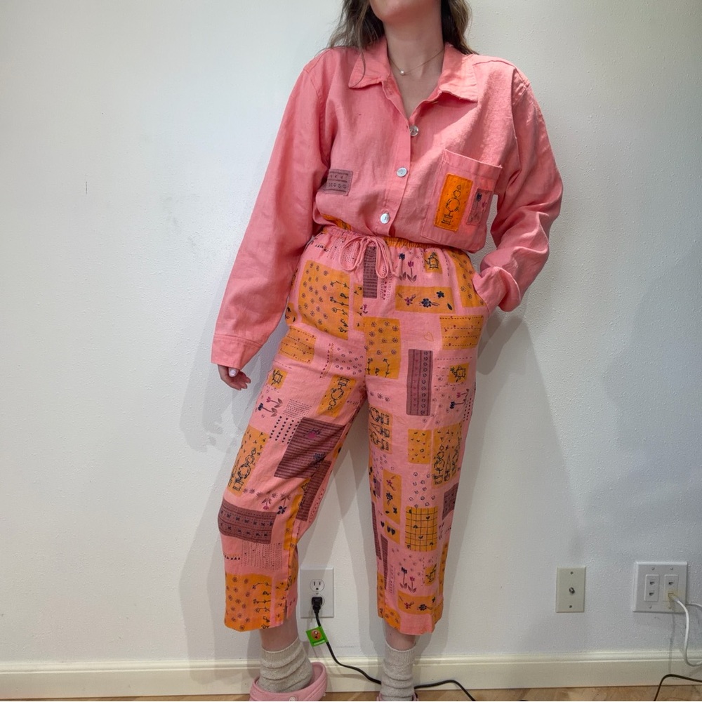 Vintage Patchwork Linen Pants Set - image 2